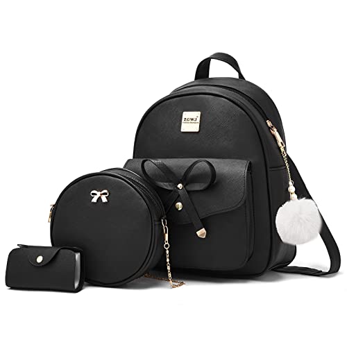 ZGWJ Mini Backpack Purse for Women - 3-Piece Set, Small PU Leather Bowknot Fashion Backpacks, Cute Casual Travel Daypacks - color: Black-3pcs