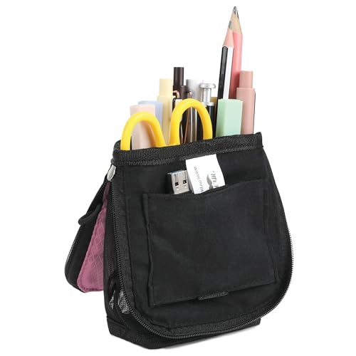 Mr. Pen- Standing Pencil Case Pouch, Sit & Lay Mesh-View Design, Black & Pink, Interior Pocket & 2 Elastic Binder Loops, Cute Pencil Case for Girls and Boys - color: Black & Pink