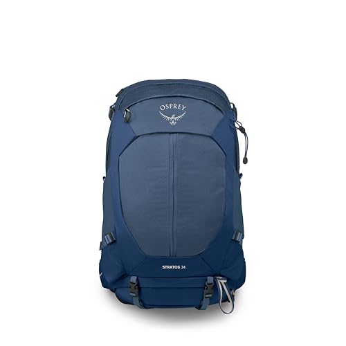 Osprey Stratos 34L Men's Hiking Backpack - Camping Bag with Waterproof Raincover, Bottle Pockets, & Gear Straps, Nirvana Blue - color: Nirvana Blue, style: 34l