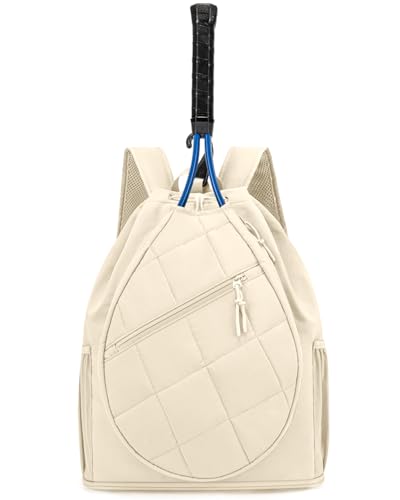Drawstring Tennis Backpack, Puffer Tennis Racket Bag with Shoe Compartment & Wet Pocket Gym Bag for Women, Suitable for Pickleball Tennis Badminton - color: Beige