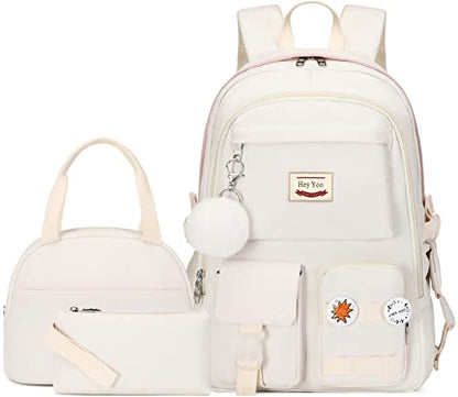Hey Yoo School Backpack for Girls Backpack with Lunch Box Teen Girl Backpack Set Cute School Bag Bookbag for Teen Girls (White) - color: White