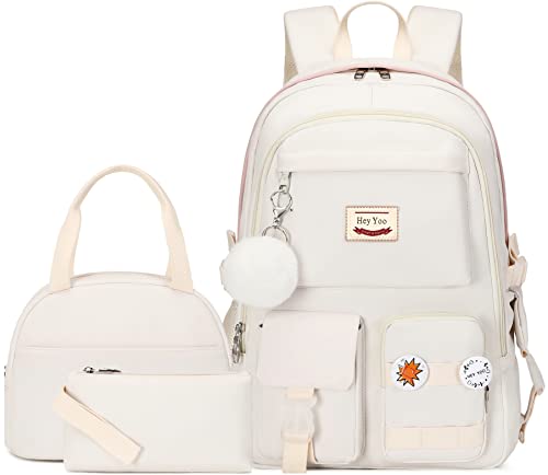 Hey Yoo School Backpack for Girls Backpack with Lunch Box Teen Girl Backpack Set Cute School Bag Bookbag for Teen Girls (White) - color: White