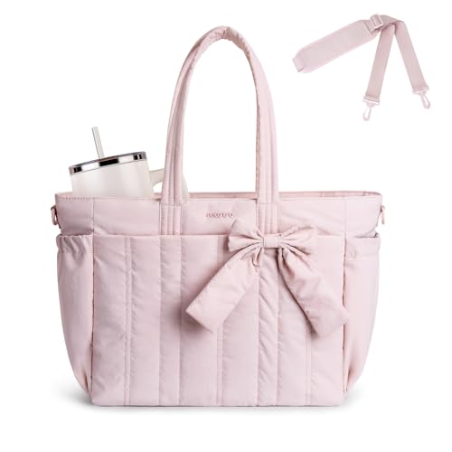 MOSISO Tote Bag for Women, Laptop Bags Handbag Work Tote Bag with Cup Holder & Bownot & 15-16 inch Laptop Compartment for Travel Work School, Lightweight Puffer Tote Bags with Trolley Sleeve, Pink - color: Pink