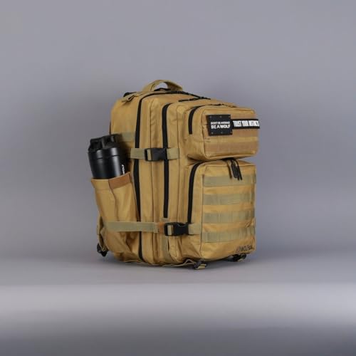 WOLFpak 35L Athletic Gym Backpack - Durable 1000D Waterproof Oxford Material with MOLLE Webbing, Laptop Pocket & Dual Cup Holders, Durable Fitness/Travel/Military Daypack (Khaki) - color: Khaki