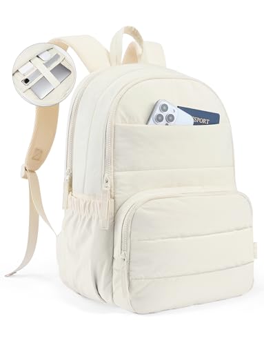 Uselike Travel Backpack for Women, 15.6 Inch Laptop Backpack, Quilted College Bookbag, Cute Work Backpacks, Water Resistant - color: Beige