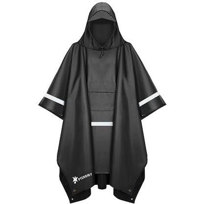 PTEROMY 3-in-1 Hooded Rain Poncho for Adult with Pocket, Waterproof Lightweight Unisex Raincoat for Hiking Camping Emergency - color: Black W/ Reflective Stripe