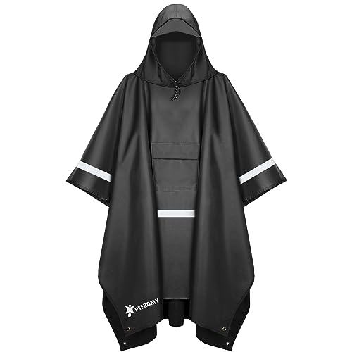PTEROMY 3-in-1 Hooded Rain Poncho for Adult with Pocket, Waterproof Lightweight Unisex Raincoat for Hiking Camping Emergency - color: Black W/ Reflective Stripe