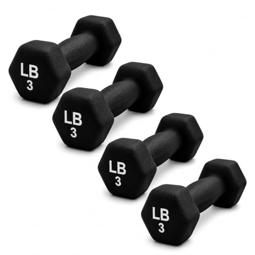 Neoprene Hexagon Dumbbells with Cast Ergo Handle (1 to 15lbs Pack of 1, 2, 4) | Durable Anti-Slip Exercise & Fitness Strength Training Free Weights for Home Gym | Black | For Men & Women - color: Black-3Lb pack of 4