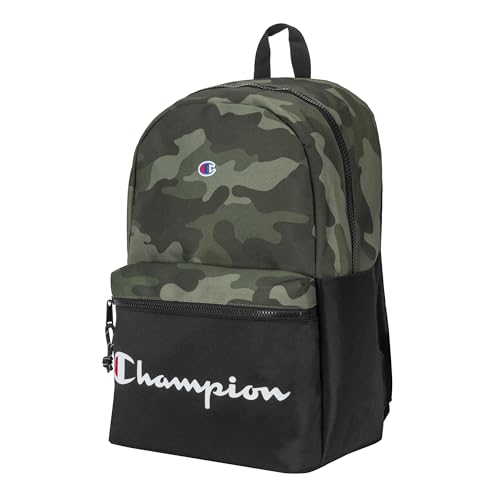 Champion Manuscript Backpack with Padded Adjustable Straps, Water Bottle Pocket for Work, Travel, Daily Use - color: Green Grid Camo
