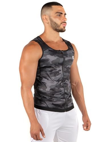 Kewlioo Men's Heat Trapping Zipper Sweat Enhancing Vest - Sauna Suit Shirt Compression Vest Shapewear Top for Gym Exercise - color: Gray Camo, size: XX-Large-3X-Large