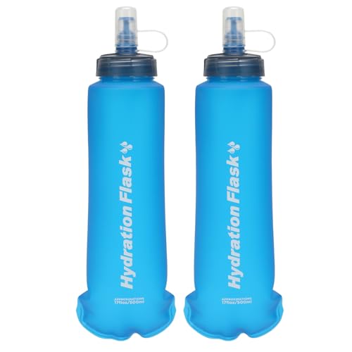 Azarxis TPU Soft Flask Collapsible Water Bottle Running Folding Gel Water Reservoir Handheld for Hydration Pack Hiking Cycling Climbing Jogging Marathon Trail Race - color: #05 Blue - 500ml - 2-pack