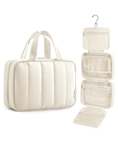 BAGSMART Travel Toiletry Bag for women, Portable Hanging Hook Makeup Bag Organizer, Waterproof Makeup Cosmetic Bag, for Full-Size Accessories, Toiletries, Beige - color: Beige
