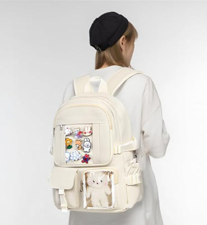 PRLINJSK Kawaii Backpack for Teen Girls - color: Beige