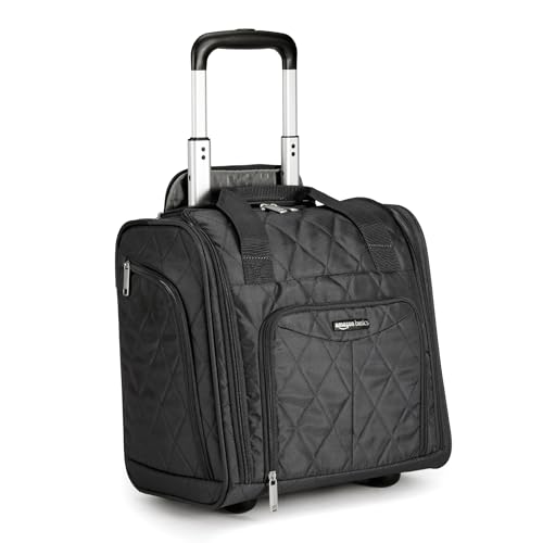 Amazon Basics Underseat Carry-On Luggage with Wheels, 14" Rolling Travel Bag with Compartments and Handle, Airline Compliant, Front Pocket, Black Quilted - color: Black Quilted