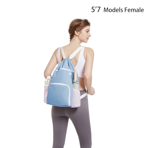 BAVELOE Drawstring Backpack with Wet Pocket & Shoe Compartment, Water-Resistant Sports Gym Swim String Bag for Women Men(Sky Blue)