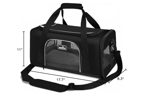 Wakytu TSA Approved Pet Carrier for Small Medium Cats and Dogs | Dog Carrier with Adequate Ventilation | 4 Mesh Windows, 3 Entrance, Locking Safety Zippers, Padded Shoulder Strap, Black - color: 1.0 Black, size: 17.7"L x 11.0"W x 8.3"H