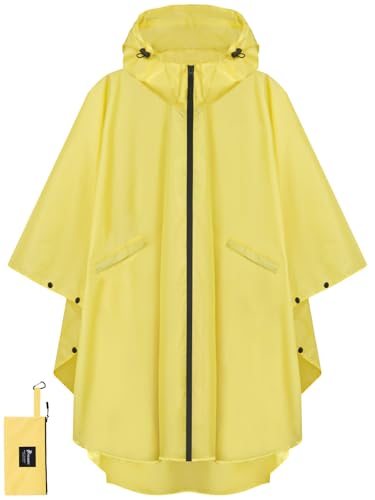 PTEROMY Hooded Rain Poncho for Adult with Pocket and Zipper, Waterproof Lightweight Raincoat for Men and Women - color: Yellow