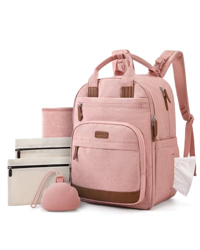 mommore Diaper Bag Backpack with Waterproof Changing Pad, Insulated Bottle Holders & Pacifier Case, Baby Diaper Bag with 2 Organizer Pouches, Stroller Straps, Pink - color: Pink