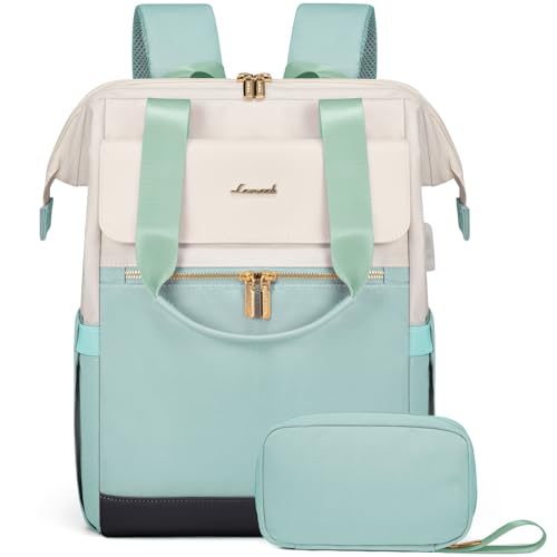 LOVEVOOK Laptop Backpack for Women, 15.6 Inch Work Laptop Bag with USB Port, Fashion Teacher Nurse Backpack Purse, Waterproof Travel Computer Backpack with Organizer Bag, 2PCS, Beige-Mint Green - color: Beige - Mint Green, size: 15.6" - 2pcs