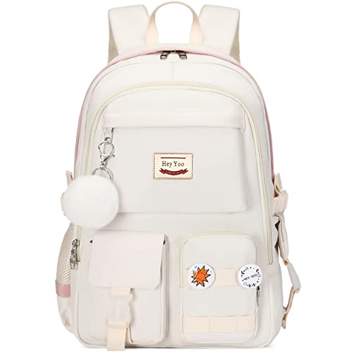 Hey Yoo School Backpack for Girls Backpack with Lunch Box Teen Girl Backpack Set Cute School Bag Bookbag for Teen Girls (White) - color: White