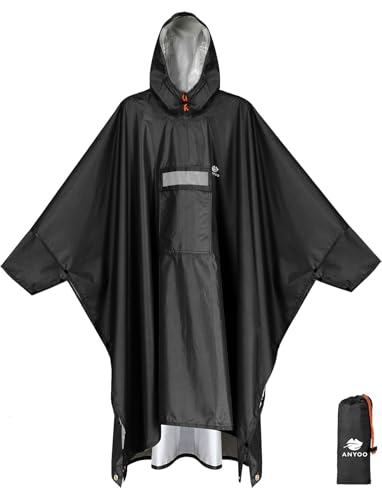 ANYOO Hooded Rain Poncho for Adults Waterproof Lightweight Rain Coat for Men Women Reusable Rain Jacket for Emergency Outdoor - color: Graphite Black