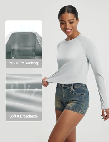 baleaf Women's UPF 50+ Long Sleeve Sun Shirts Crop Rash Guard UV Workout Tops SPF Slim Fit Lightweight Athletic Hiking - color: Light Gray, size: Small