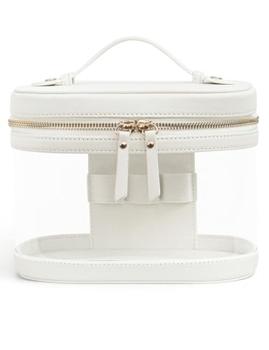 Popvibe Clear Makeup Train Case Vanity Bag Make Up Travel Bag with Brush Holder, Compact Transparent Makeuo Bag for Traveling Leather Cosmetic Case Portable Travel Essentials Toiletry Organizer White - color: White, style: Train Case