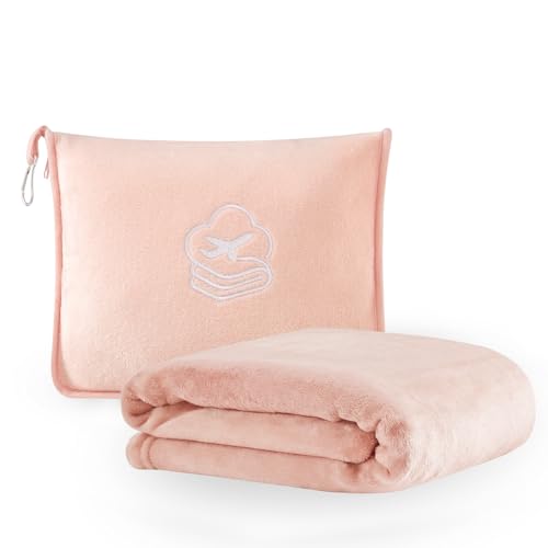 Travel Blanket, Soft 2-in-1 Airplane Blanket, 65x40 Inches, Travel Blanket Airplane Compact with Bag, Car Blanket with Luggage Sleeve & Backpack Clip (Peachy Pink) - color: Peachy Pink