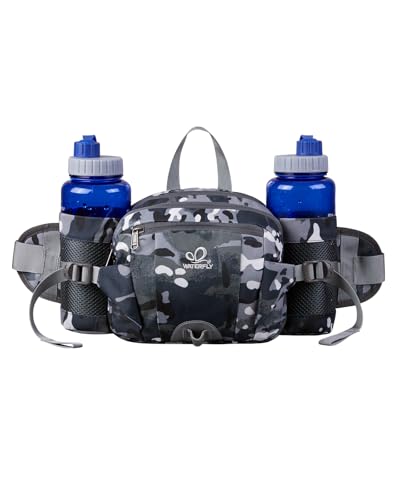 WATERFLY Fanny Pack Waist Bag: Fannie Pack 2 Water Bottle Holders Lumbar Belt Hiking Walking Running Jogging Camping Large Woman Man (Bottle Not Included) - color: Camouflage Black