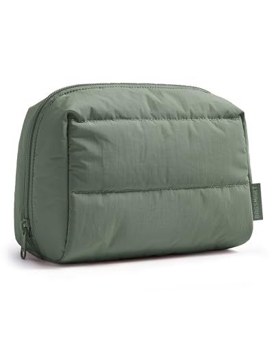 BAGSMART Puffy Makeup Bag, Wide Opening Cosmetic Organizer, Soft Water-Resistant Travel Toiletry Pouch for Women, Compact & Spacious (Haze Green) - color: Haze Green