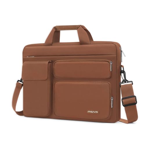 MOSISO Laptop Shoulder Bag 15.6 inch, 15-15.6 inch Computer Bag Compatible with MacBook Pro 16 inch, HP, Dell, Lenovo, Notebook with 2 Raised&1 Flapover&1 Horizontal Pocket&Handle&Belt, Caramel Brown - color: Caramel Brown, size: 16 inch
