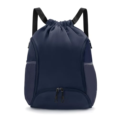 Valleycomfy Sports Gym Bag Drawstring Backpack with Shoes Basketball Bag and Two Water Bottle Holder,Dark Blue - color: Dark Blue