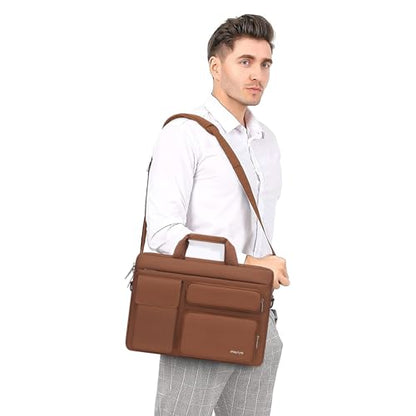 MOSISO Laptop Shoulder Bag 15.6 inch, 15-15.6 inch Computer Bag Compatible with MacBook Pro 16 inch, HP, Dell, Lenovo, Notebook with 2 Raised&1 Flapover&1 Horizontal Pocket&Handle&Belt, Caramel Brown - color: Caramel Brown, size: 16 inch