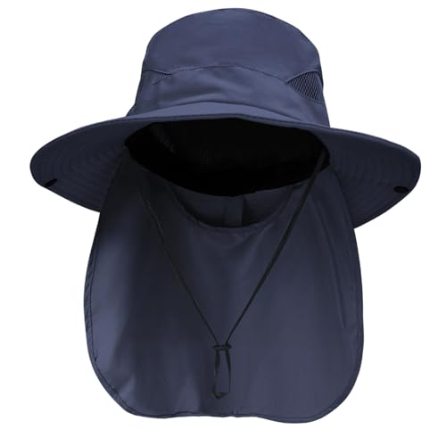 NPQQUAN Sun Hats for Men Women with Neck Flap UPF 50+ UV Protection Wide Brim Bucket Hat Safari Hiking Fishing Hats - color: Blue（neck Flap）