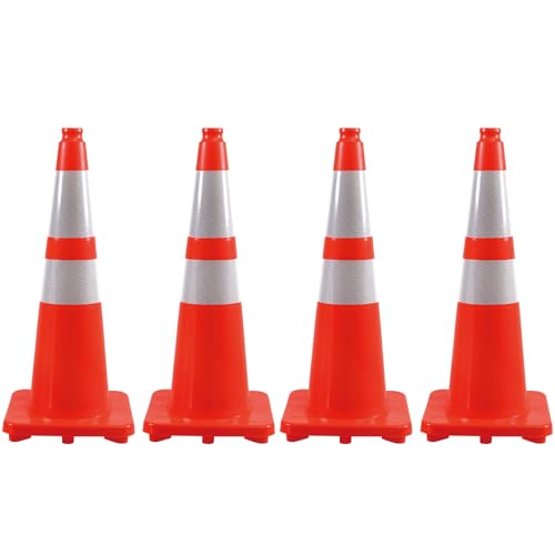 4 Pack 28" Traffic Cones – Durable Orange PVC Safety Cones with Reflective Collars for Parking, Construction, Roadwork & Driving Practice - size: 28 inch -4Pack