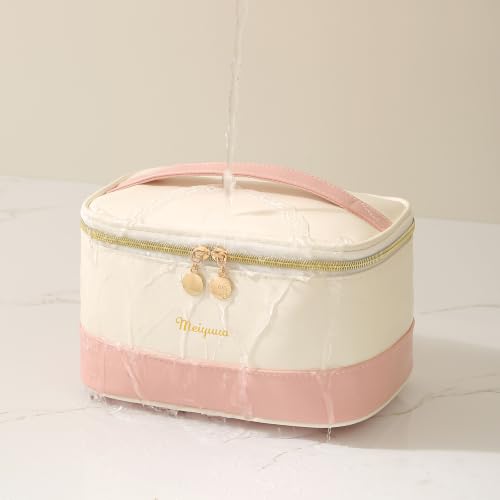 Meiyuuo Makeup Bag Large Cosmetic Bags for Women Girls Two-tone Cute Travel Zipper Pouch Toiletry Organizer for Beauty Essentials Waterproof (Dual Pink) - color: Dual Pink