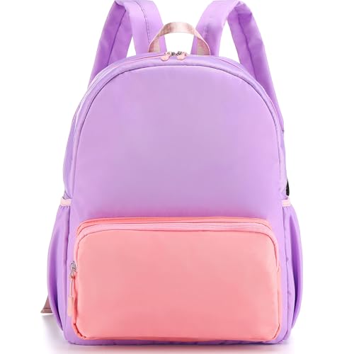 1 Piece Nylon Backpack Kids School Backpack for Toddler Girls Boys Plain Waterproof Preppy Bookbags Travel for Student (Purple and Pink) - color: Purple and Pink
