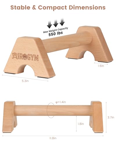 Wooden Push Up Bars for Calisthenics Equipment - Non-Slip Beech Wood Parallettes for Floor Strength Training, Handstand & Home Gym Workout - Support 550 LBS Heavy Duty Pushup Handles Stand