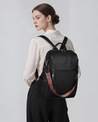 FADEON Leather Backpack Purse for Women Designer Travel Backpack Purses PU Fashion Ladies Shoulder Bag with Tassel - color: 2 Black Retro Style