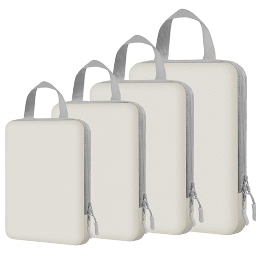 4 Set Expandable Compression Packing Cubes for 3–7 Day Travel, Solid & Plaid Fabric Travel Organizers, Double-Zipper Storage Bags for Carry-On & Suitcases(4set-Beige) - color: Beige, size: 4 set