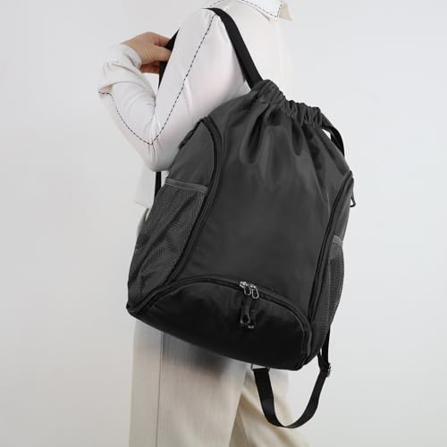 Valleycomfy Sports Gym Bag Drawstring Backpack with Shoes Basketball Bag and Two Water Bottle Holder,Black - color: Black