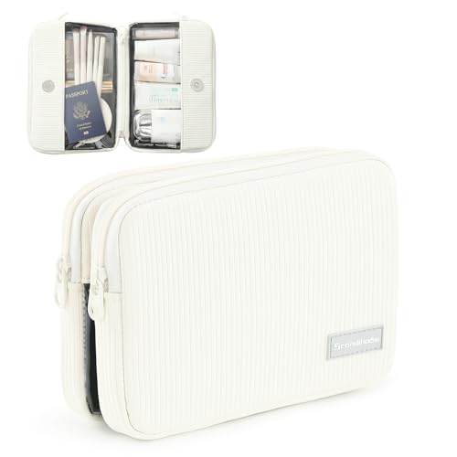 Preppy Makeup Bag, Rectangle Double Detachable Cosmetic Organizer, Clear Side Panel Portable Travel Pouches for In-Flight Essentials, Beauty & Tech Accessories, Gift for Women - color: Off-white