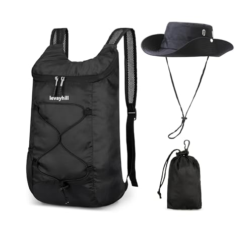 levayhill 16L Small Lightweight Foldable Backpack Sun Hats Travel, Black | Compact Packable Daypack with Bucket Hat For Men Women, Collapsible Bag Quick-dry Outdoor Hiking Beach Summer Fisherman Hat - color: Black