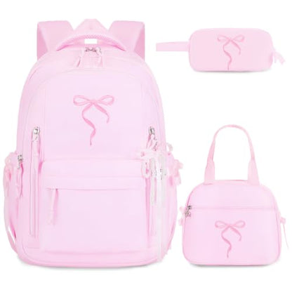 Kids Backpack for Girls - 3PCS Cute Embroidered Bow Girls Backpack with Insulated Lunch Bag & Pencil Case - Bookbag for Teen Women Middle High School College Work Travel Daypack - color: Pink