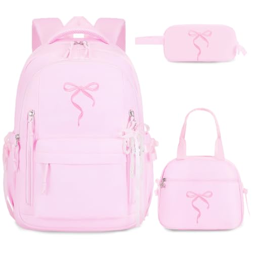 Kids Backpack for Girls - 3PCS Cute Embroidered Bow Girls Backpack with Insulated Lunch Bag & Pencil Case - Bookbag for Teen Women Middle High School College Work Travel Daypack - color: Pink