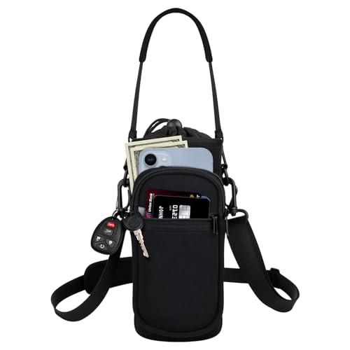 Water Bottle Holder with Strap, Water Bottle Carrier Bag with Phone Pocket, Shoulder Hand Strap Insulated Neoprene 32/40 oz Water Bottle Sleeve for Walking Hiking Camping Gym - color: 1 BLACK, size: under 32oz