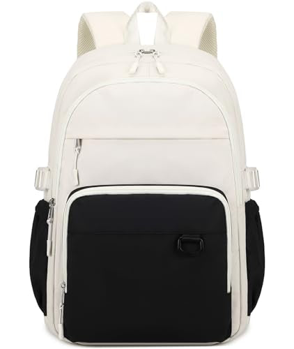 JIANYA Laptop Backpack for College Women Travel Backpack Big Student School Bag, Water Resistant Fits 15.6" Notebook - color: Beige+black