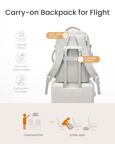 LOVEVOOK Travel Backpack for Women, 50L Carry On Backpack Flight Approved with Garment Bag, Personal Item Travel Bag Fit 17 Inch Laptop, Business Weekender Overnight Daypack With 2 Cubes, Pink-Grey - color: Pink-grey, size: 50l-18 Inch-3pcs With Garment B