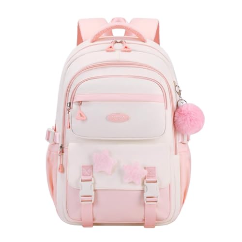 Girls Backpack for School Kids, Pink Kids School Bag for Teen Girls, with Star Pins and Furry Pendant, A08-Pink - color: A08-pink