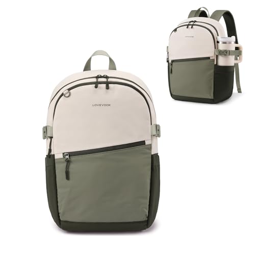 LOVEVOOK Everyday Backpack for Women, Chic Versatile Backpack with Water Bottle Pocket, Lightweight Waterproof Casual Daypack for City Work Commute, College, Travel & Gifts, Beige-Olive Green - color: Beige-olive Green-dark Green, size: Medium-15.6inch